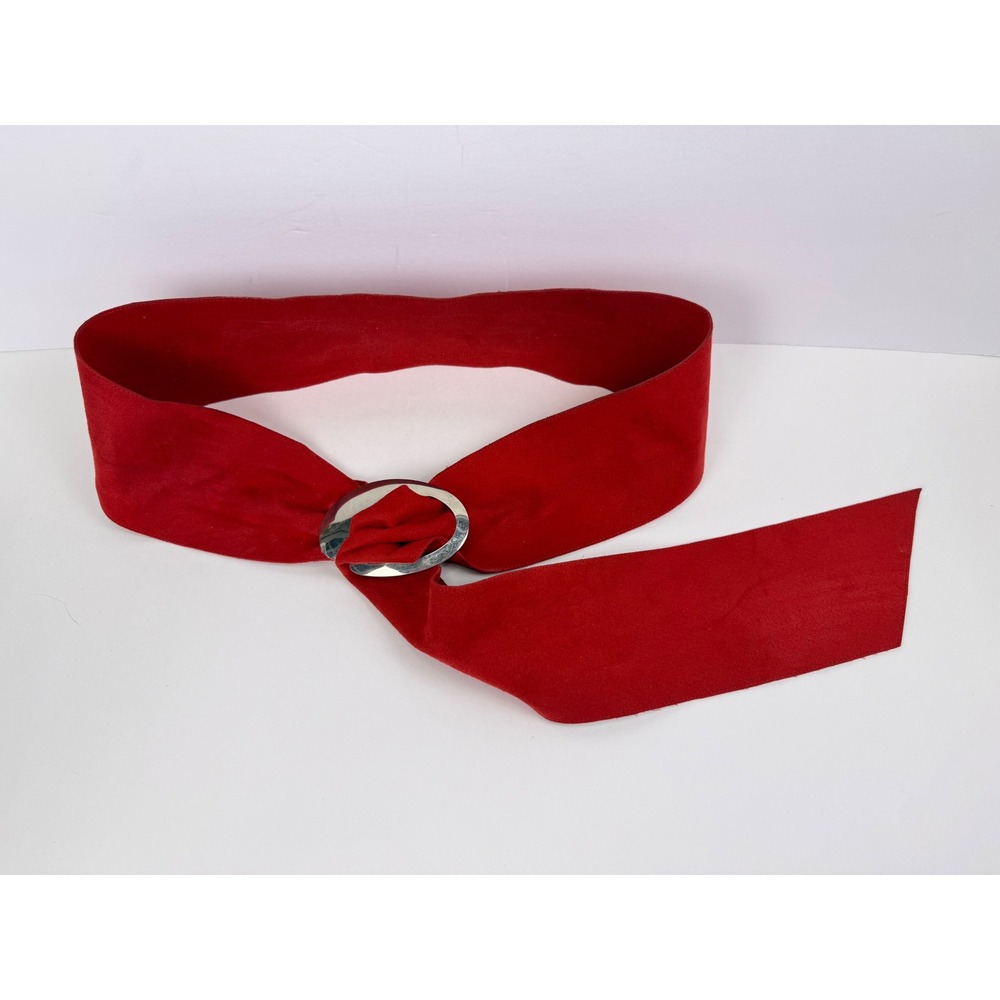 Vintage Red Suede Sash Belt Wide Waist Cincher Silver Abstract Buckle Retro